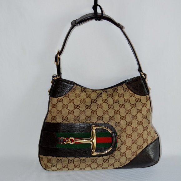 Gucci Horse Bit Hasler Supreme Dark Brown and Beige GG Canvas Hobo Bag - Picture 1 of 13